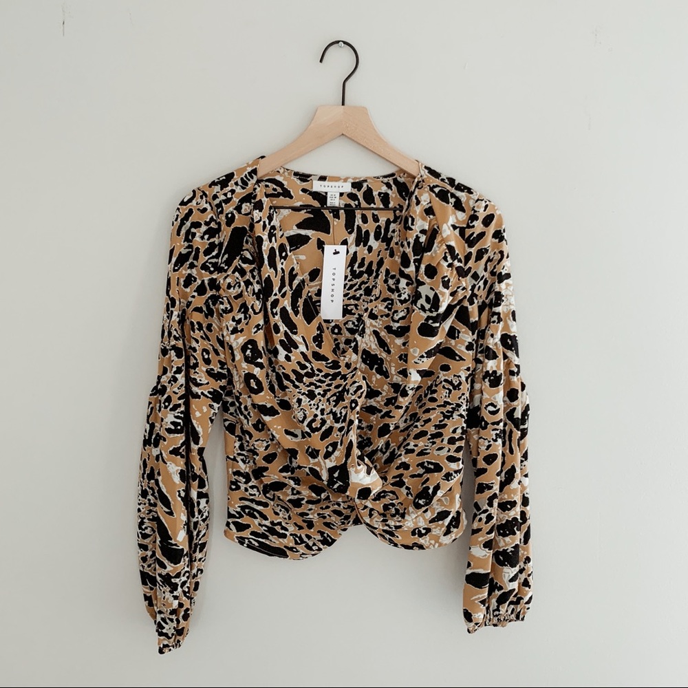 Topshop Animal Print Ruched Sleeves V Neck Blouse